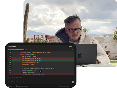 Founder working with code and a game build