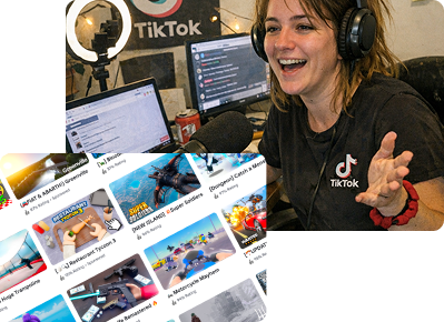 Community manager collage with TikTok and social content